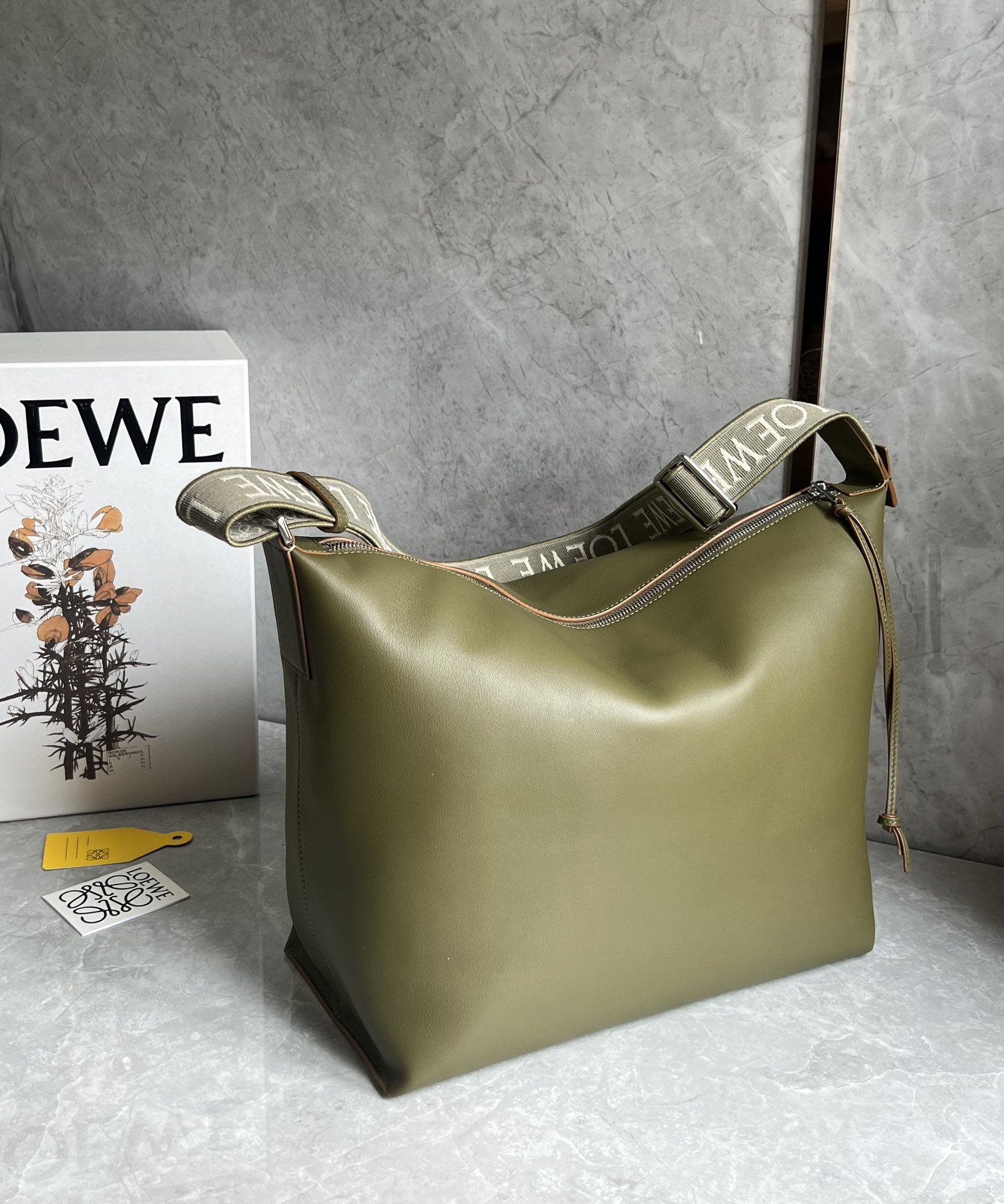 Loewe Large Cubi Crossbody Bag in Supple Smooth Calfskin and Jacquard Olive